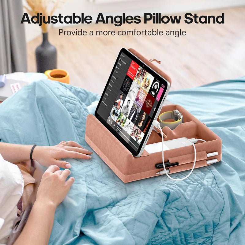 KDD Tablet Pillow Stand with Storage, Foldable iPad Holder for Bed, Lap and Desk, Angle Adjustable Soft Pad Dock with Stylus Mount Compatible with iPad Pro 12.9, 10.5, 11, Air, Mini, Phones, Books - Image 3